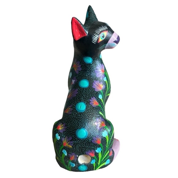 Oaxacan Wood Carving Hand Painted Cat Figurine Signed Jose Olevra Perez - Picture 3 of 8